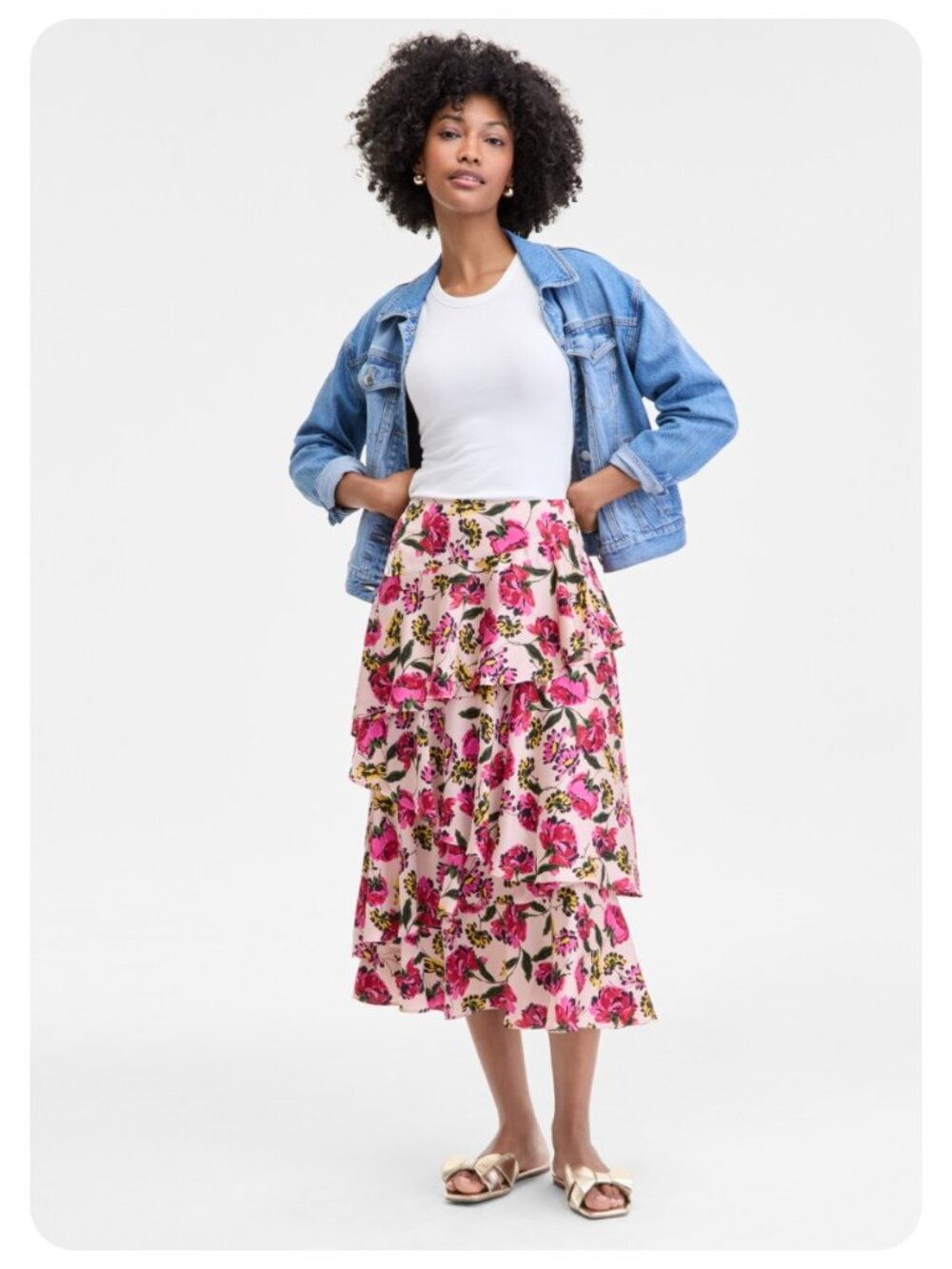 NWT On 34th Floral Tiered Ruffle Midi Skirt sz L